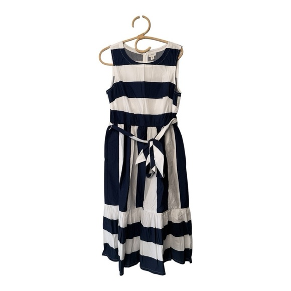 J. Crew **Navy Bold Stripe Poplin Midi Dress with Pocket Size 8P with No belt - Picture 3 of 14